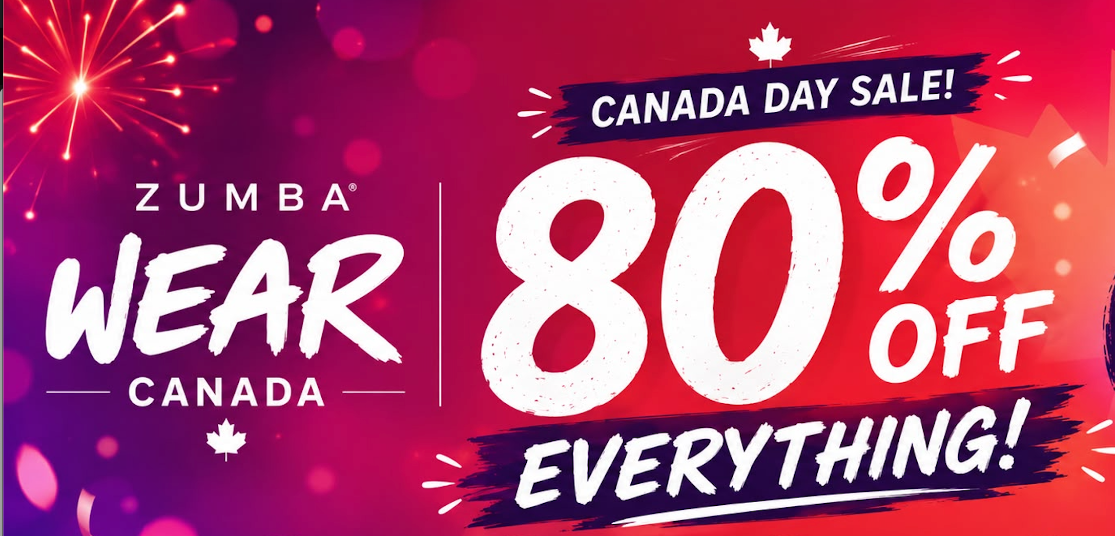 Promotional sale banner for Zumba Wear Canada with large text reading 'Canada Day Sale! 80% off everything!' and a dark badge saying 'One Day Only! Tuesday, July 1st!'.