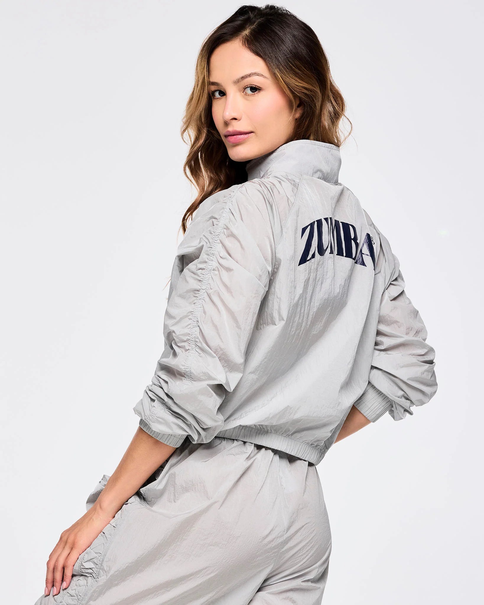Zumba Out Loud Crop Woven Jacket With Ruched Sleeves Z23